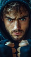 Intense close-up portrait of young caucasian man with striking blue eyes and freckles wearing dark hood, dramatic lighting emphasizes mysterious atmosphere.