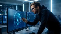 Caucasian male cybersecurity analyst examining digital brain scan on computer monitor in modern tech laboratory with blue lighting atmosphere.