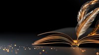 Open book with glowing pages and floating feather quills against dark background with magical golden bokeh lights creating mystical literary atmosphere.