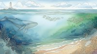 Underwater ocean scene with whale swimming near coral reef and sandy beach shore with lighthouse in background for marine life educational content.