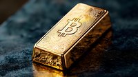 Golden bitcoin bullion bar with cryptocurrency symbol on textured dark background, dramatic lighting highlights precious metal surface details.