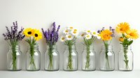 Colorful wildflowers in glass jars on white background, featuring lavender, sunflowers, daisies, and marigolds for home decor and spring concepts.
