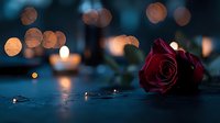 Dark red rose lying on wet surface with romantic bokeh lights and water drops in evening atmosphere, creating moody and intimate ambiance.