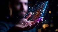 Magical glowing particles floating above open palm against dark background with bokeh lights creating mystical atmosphere and sense of wonder.