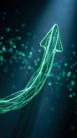 Glowing neon arrow pointing upward with flowing green light trails and bokeh particles on dark blue background, representing growth, success, and digital transformation for business and technology concepts.