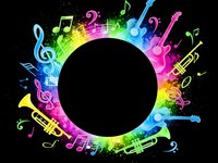 Colorful musical instruments and notes forming circular frame on black background. Vibrant rainbow gradient with guitars, trumpets, treble clefs for music design.