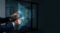 Businessman touching futuristic holographic interface with data analytics charts and graphs in modern office environment for technology presentations.