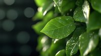 Fresh green leaves with water drops in soft morning light against dark bokeh background, creating natural organic atmosphere for wellness and eco designs.