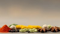 Colorful spices and herbs arranged in row with paprika powder, cardamom pods, turmeric, star anise on neutral background for culinary design.