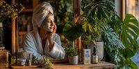 Young woman in white bathrobe and towel enjoying peaceful morning skincare routine at home with natural plants and warm lighting for wellness relaxation.