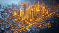 Glowing futuristic cityscape with illuminated skyscrapers and circuit-like streets creating modern urban technology concept. Golden light emanates from buildings against dark background.