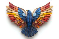 Colorful wooden bird with spread wings in blue, red, yellow and orange tones on white background, layered design creating dimensional effect. Isolated artwork.