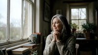 Mature woman with long gray hair and light skin tone, wearing a striped shirt, sitting by a window with plants, gazing thoughtfully outside in natural daylight for contemplative lifestyle and wellness content.
