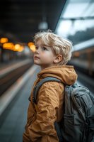 Young blonde boy with backpack looking up curiously at train station platform with warm bokeh lights in background for travel and childhood adventure concepts.