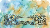 Two birds perch on ornamental banner with flourishing botanical elements against watercolor wash background in blue, green and gold tones. Isolated design element.
