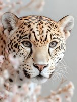 Close-up portrait of majestic leopard face with intense blue eyes and spotted fur pattern against soft blurred background, showing detailed whiskers and markings.
