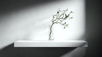 Minimalist dried branches in clear glass vase on white floating shelf against gray wall with natural light casting shadows, suitable for interior design and home decor projects.