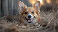 Happy Pembroke Welsh Corgi dog with characteristic fox-like face and bright smile lying in dry autumn grass against blurred bokeh background. Pet portrait.