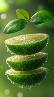 Fresh lime slices stacked with water drops and green leaves floating above on blurred natural background, macro shot with selective focus.