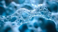 Macro photography of soap bubbles forming abstract organic shapes in blue tones, showing surface tension and fluid dynamics patterns. Scientific concept art.