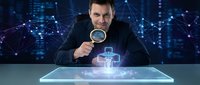 Professional businessman analyzing digital healthcare data with magnifying glass on futuristic holographic interface against network technology background.