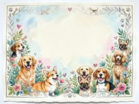 Watercolor frame with cute dogs, floral decorations, hearts, and paw prints, with blank space for text, perfect for pet-themed cards and invitations.