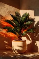 Potted sago palm in ceramic planter with warm sunlight casting shadows on textured terracotta wall, creating cozy home atmosphere.