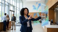 Young woman with curly dark hair and medium skin tone wearing navy blazer presenting financial growth data with holographic charts and percentage symbols in modern office lobby setting.