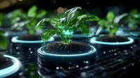 Futuristic glowing plant growing in digital soil with neon blue rings, representing biotechnology and sustainable agriculture on dark background.