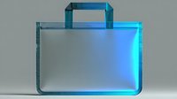 Transparent glass briefcase with blue neon glow edges on neutral background for modern business and technology concepts.