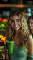 Young blonde woman smiling while holding green smoothie in modern cafe. Healthy lifestyle and nutrition concept for wellness marketing materials.