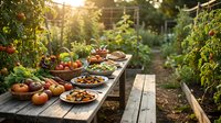 Farm-to-table feast with fresh organic vegetables and fruits displayed on rustic wooden table in sunny garden setting for healthy lifestyle content.