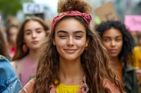 Young woman with pink headband and natural makeup smiling at protest rally, wearing yellow top and floral jacket, demonstrating with diverse crowd.
