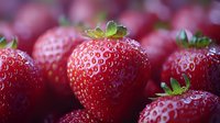 Fresh ripe strawberries with water drops in macro view showing detailed texture and seeds on red juicy berries with green leaves, natural food photography.