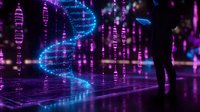Glowing DNA helix structure with digital data streams in purple and blue neon colors against dark background with silhouetted figure observing scientific visualization.