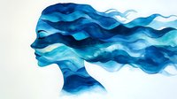 Female profile silhouette with flowing blue watercolor waves forming hair and face, artistic abstract portrait on white background. Suitable for wellness and beauty designs.