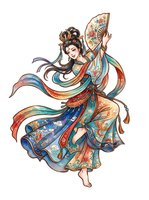 Elegant female figure in traditional flowing robes with ornate fan, featuring vibrant multicolored fabrics and intricate patterns. Isolated clipart suitable for design projects, textiles, and decorative applications.