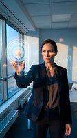 Professional businesswoman touching holographic interface in modern office with digital technology elements and futuristic workspace environment.