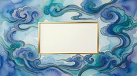 Watercolor swirling waves frame with blank space for text or design. Ocean blue and teal flowing patterns create decorative border for invitations and artwork.