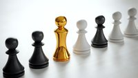 Golden chess queen piece standing out among black and white pawns on clean surface representing leadership strategy and business success concepts.