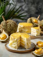 Layered crepe cake with fresh durian fruit and cream filling on ceramic plate. Whole durian fruits and flesh pieces create exotic tropical dessert composition.