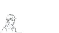 Young female construction worker wearing hard hat safety helmet in profile view line art drawing isolated on white background for design projects.