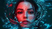 Young woman submerged in dark water with dramatic red and blue lighting creating mysterious atmosphere. Face partially underwater with intense gaze and artistic water ripples.