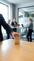 Business professional stacking wooden blocks with HR terms while team meets in modern office background representing human resources management and employee development.