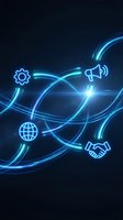 Neon glowing icons connected by flowing blue light lines on dark background, representing global communication, partnership, settings and marketing network technology.