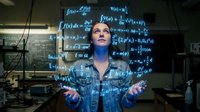 Young woman scientist surrounded by floating mathematical equations and formulas in laboratory setting for educational technology concepts.