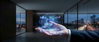 Businessman holding glowing digital globe hologram in modern office with city skyline view, representing global technology, innovation, and business connectivity solutions.