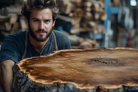 Craftsman with beard examining natural edge wood slab in workshop. Artisanal woodworking and custom furniture making concept shows professional pride in craftsmanship.