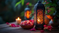 Glowing oriental lantern with rose petals and candlelight creating romantic atmosphere on wooden surface against dark background, moody evening ambiance.