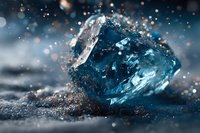 Blue crystal gemstone with water droplets and sparkling bokeh lights on dark surface creating magical atmosphere for jewelry and luxury concepts.